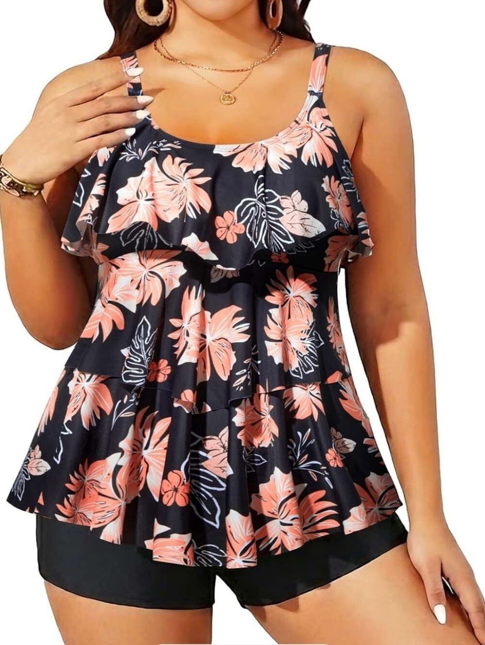 Holipick Tiered Tankini With Boy Shorts, Orange Floral, Size XXL